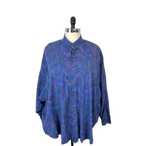 Raw Silk Oversized Top Wis Women's Blue Long Sleeve Lagenlook Size Small - 2X